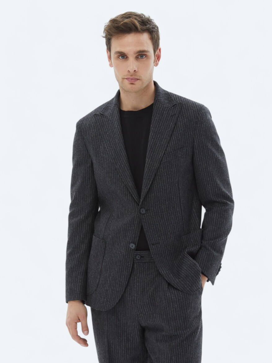 Hard Coal Striped Modern Fit Wool Blended Suit - KİP