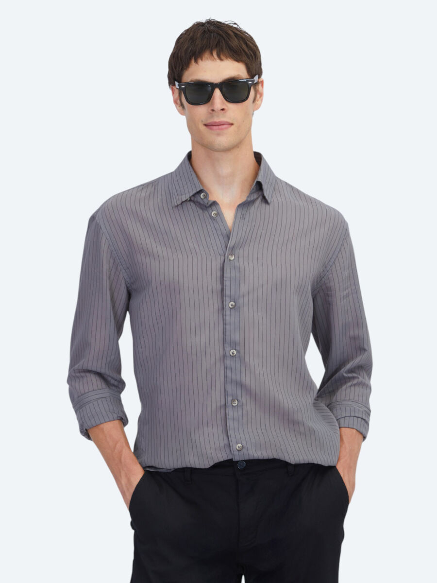 Hard Coal Striped Oversize Fit Long Weaving Casual Shirt - 1