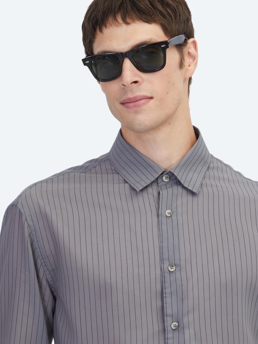 Hard Coal Striped Oversize Fit Long Weaving Casual Shirt - 3
