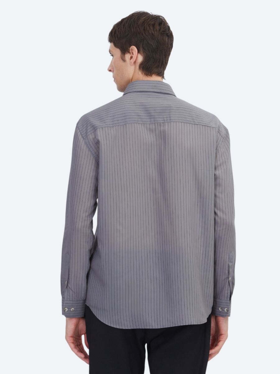 Hard Coal Striped Oversize Fit Long Weaving Casual Shirt - 5