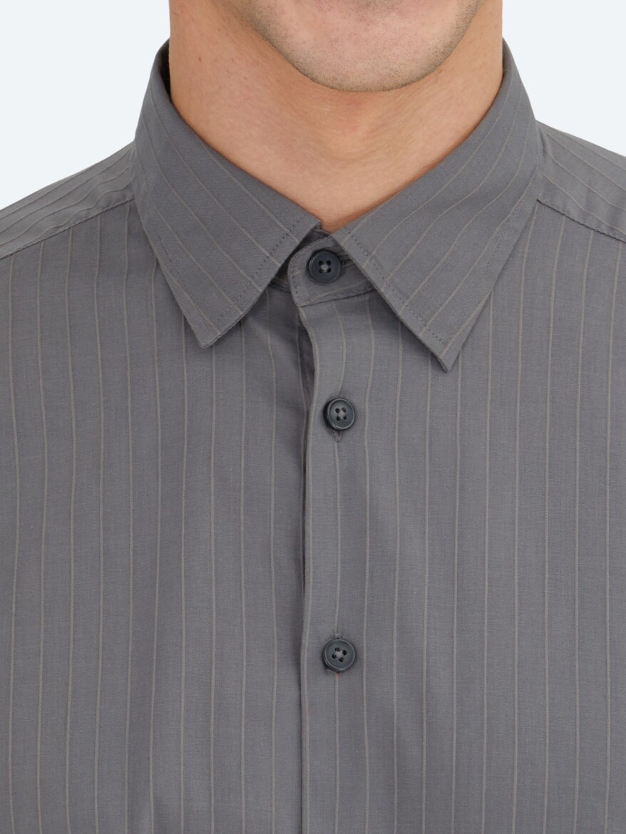 Hard Coal Striped Regular Fit Long Weaving Sport Cotton Blended Shirt - 4