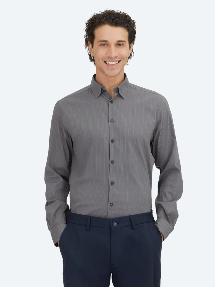 Hard Coal Striped Regular Fit Weaving Sport Cotton Blended Shirt - KİP