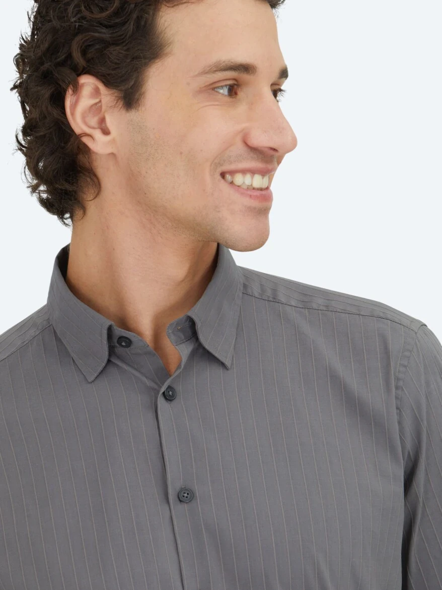 Hard Coal Striped Regular Fit Weaving Sport Cotton Blended Shirt - 3