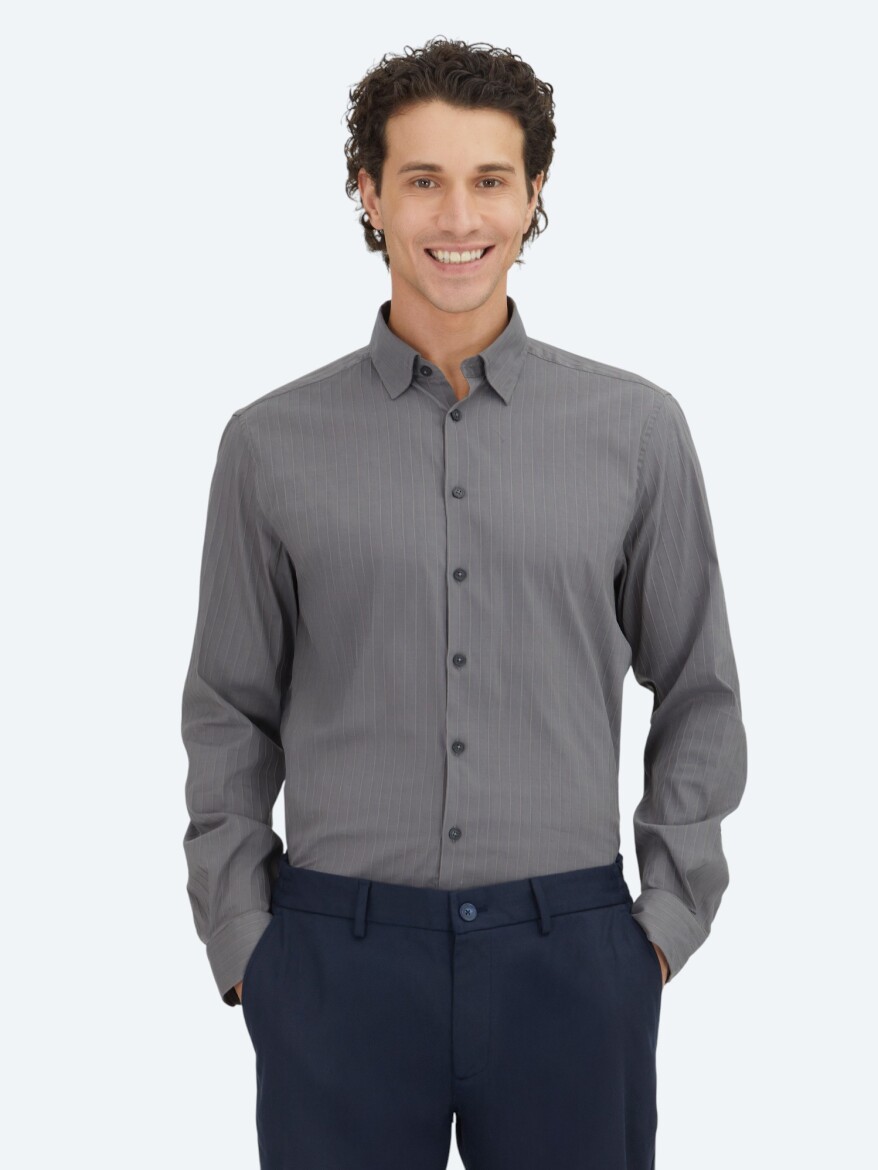 Hard Coal Striped Regular Fit Weaving Sport Cotton Blended Shirt - 1