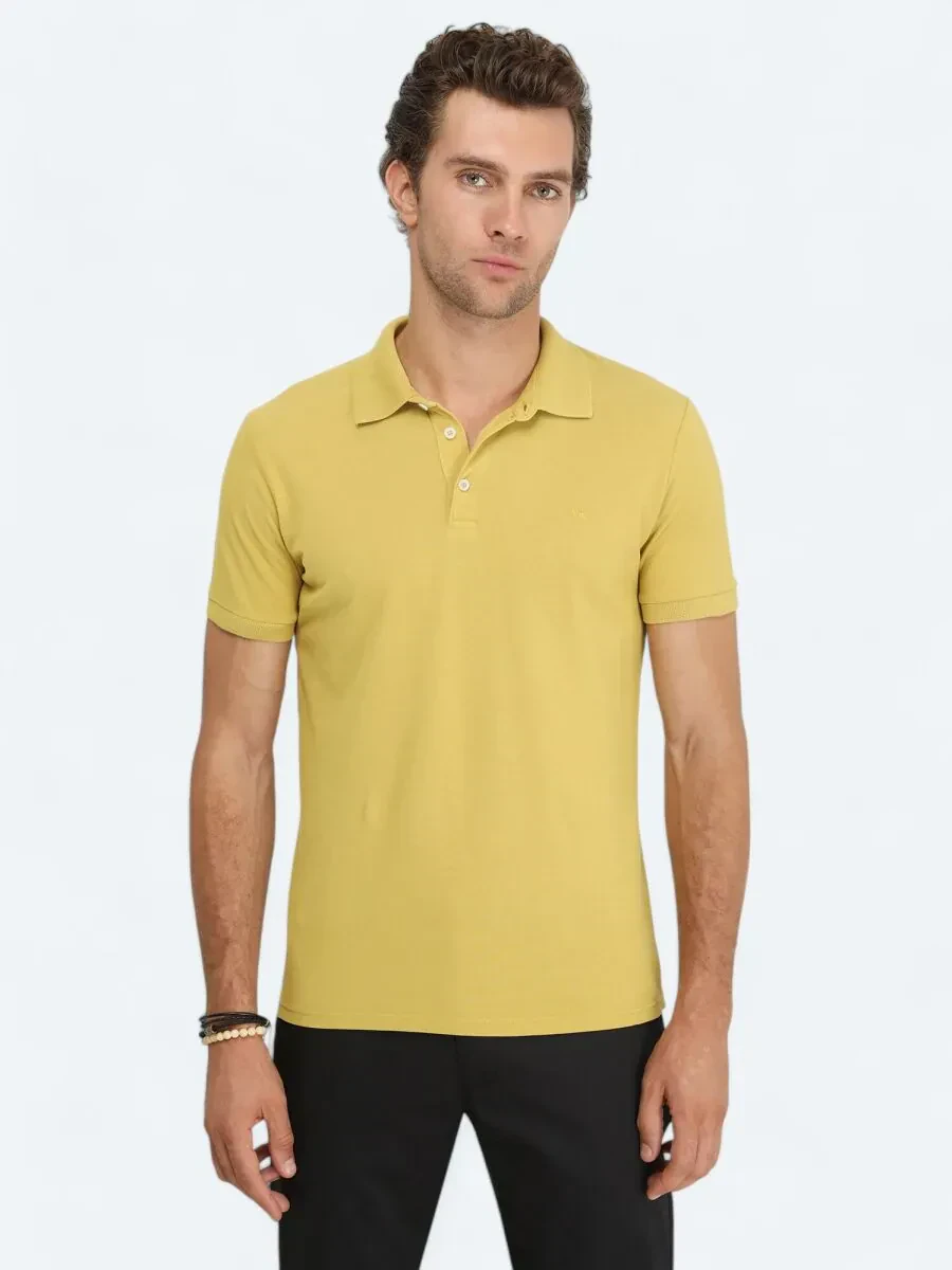 Hardal Düz Polo Yaka %100 Pamuk T-Shirt - 1