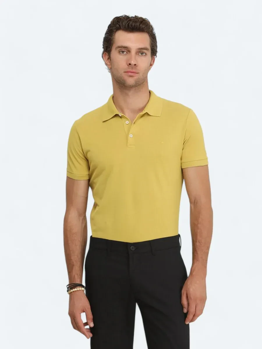 Hardal Düz Polo Yaka %100 Pamuk T-Shirt - 3
