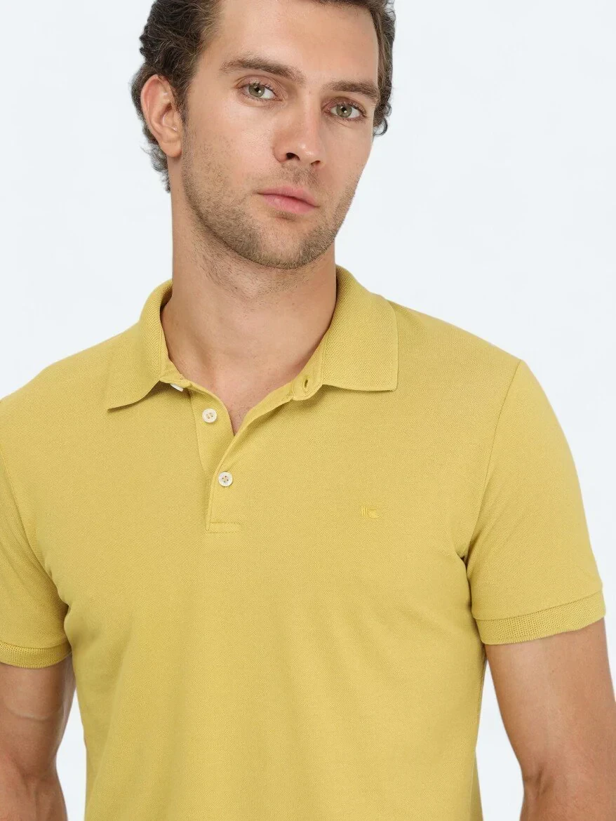 Hardal Düz Polo Yaka %100 Pamuk T-Shirt - 4
