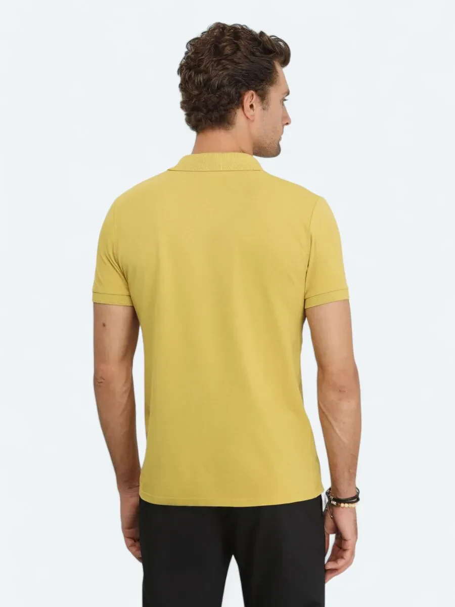 Hardal Düz Polo Yaka %100 Pamuk T-Shirt - 5