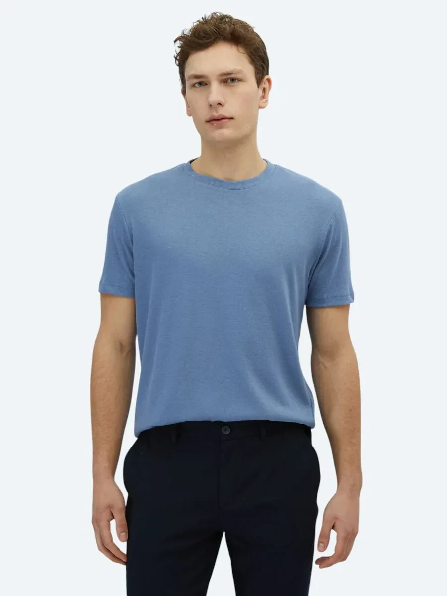 Havacı Mavi Düz Bisiklet Yaka Pamuk Karışımlı T-Shirt - 1