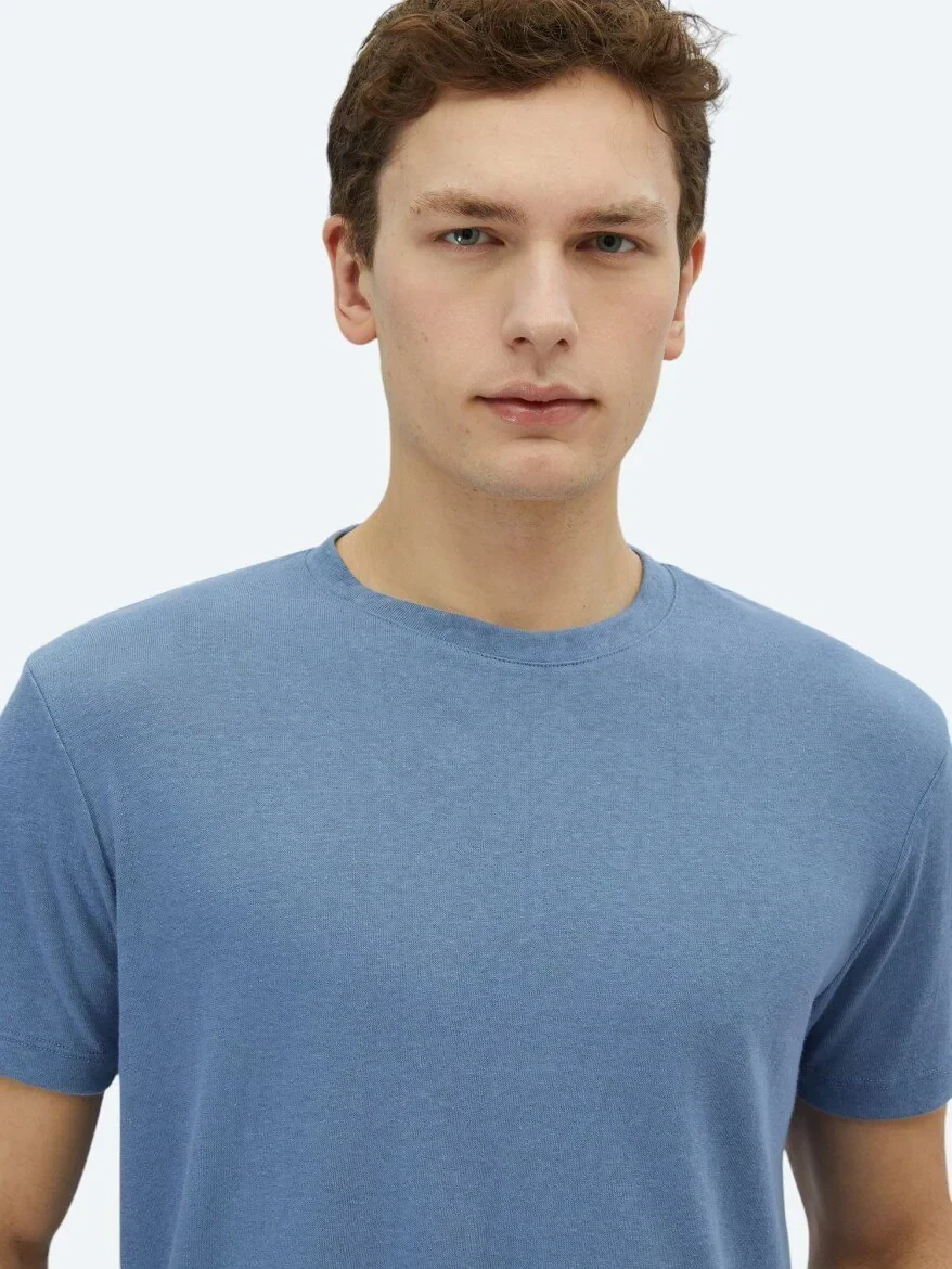 Havacı Mavi Düz Bisiklet Yaka Pamuk Karışımlı T-Shirt - 3