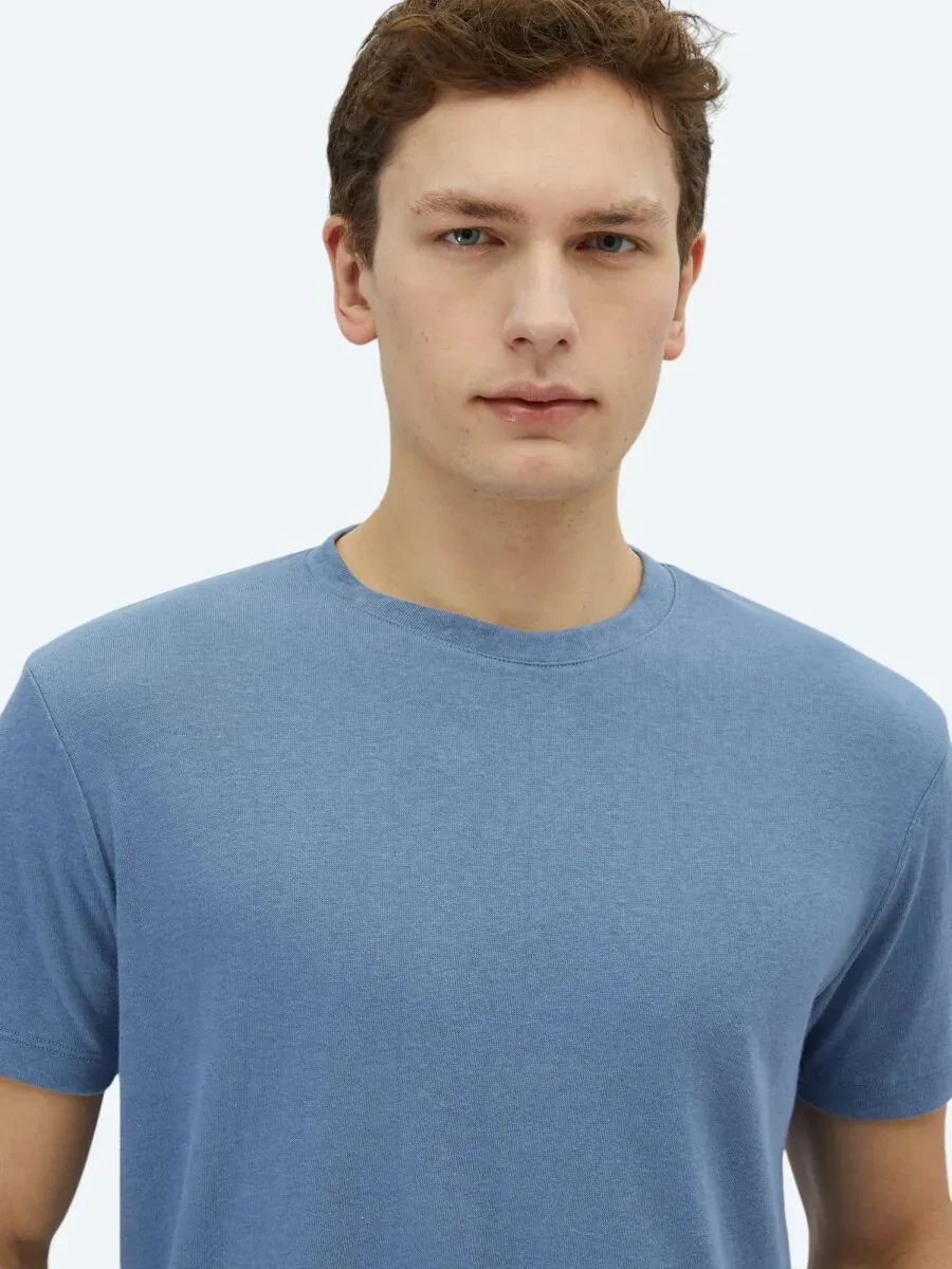 Havacı Mavi Düz Bisiklet Yaka Pamuk Karışımlı T-Shirt - 3