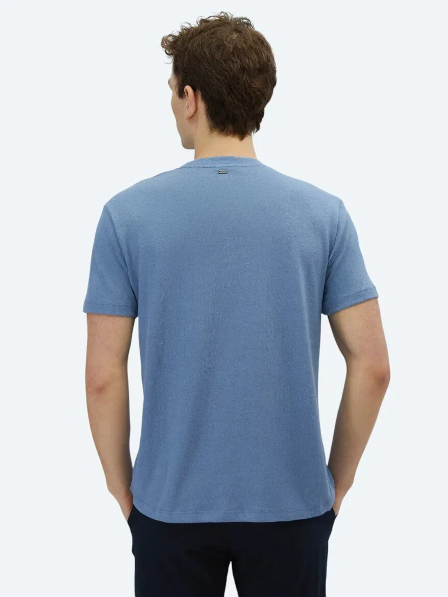 Havacı Mavi Düz Bisiklet Yaka Pamuk Karışımlı T-Shirt - 4