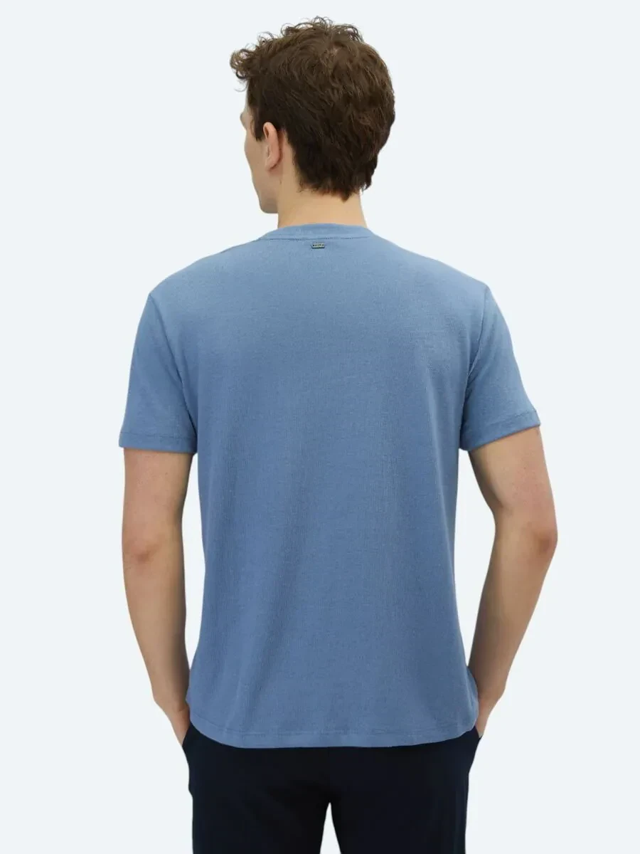 Havacı Mavi Düz Bisiklet Yaka Pamuk Karışımlı T-Shirt - 4