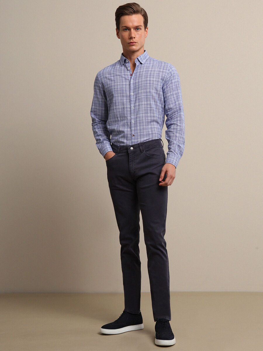 Havacı Mavi Düz Dokuma Regular Fit Casual Pamuk Karışımlı Pantolon - 1