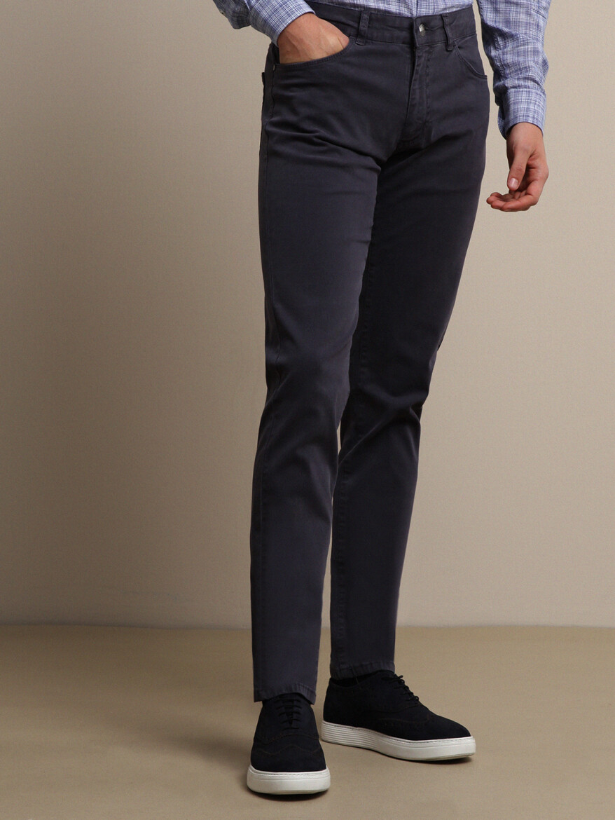 Havacı Mavi Düz Dokuma Regular Fit Casual Pamuk Karışımlı Pantolon - 3
