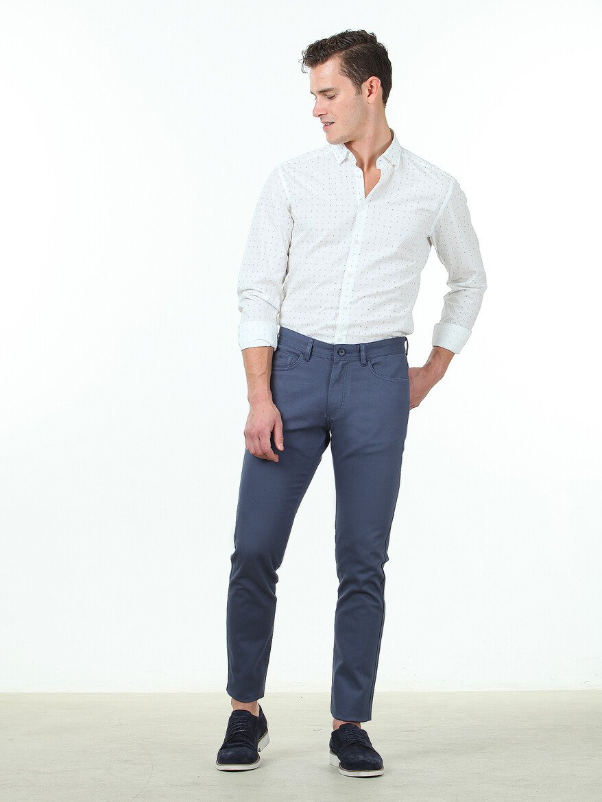 Havacı Mavi Düz Dokuma Slim Fit Casual Pamuk Karışımlı Pantolon - 2