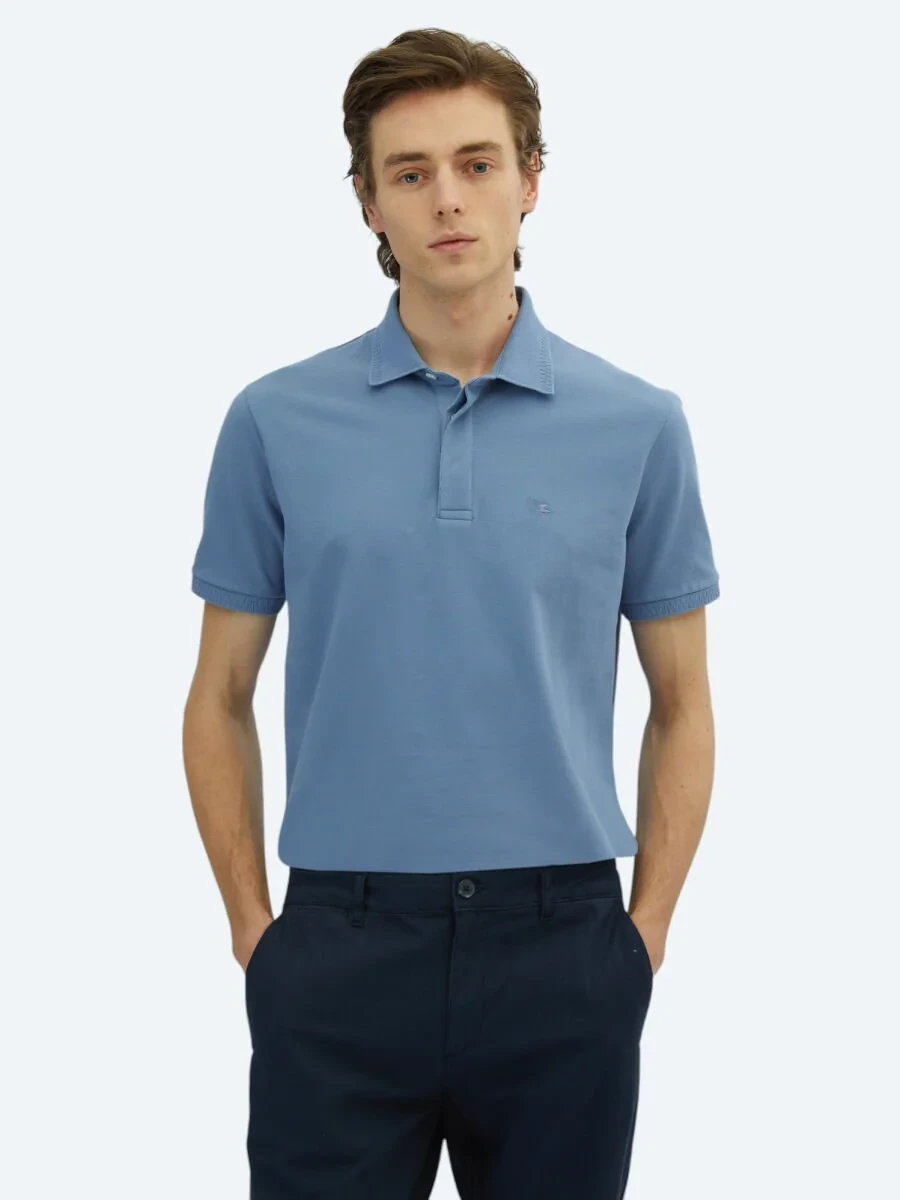 Havacı Mavi Düz Polo Yaka %100 Pamuk T-Shirt - 1