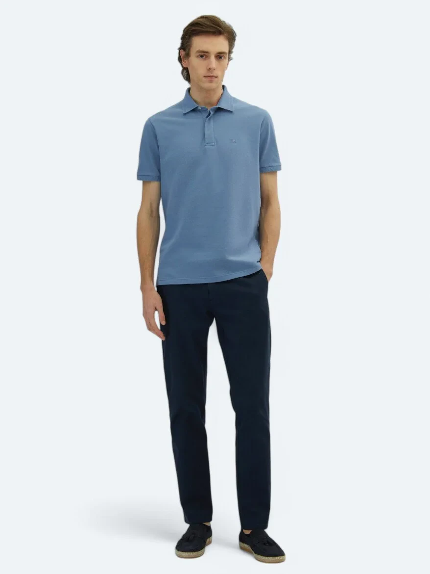 Havacı Mavi Düz Polo Yaka %100 Pamuk T-Shirt - 2