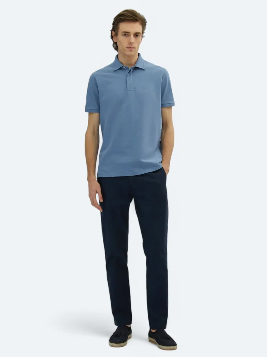 Havacı Mavi Düz Polo Yaka %100 Pamuk T-Shirt - 2
