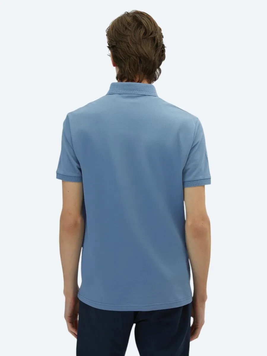 Havacı Mavi Düz Polo Yaka %100 Pamuk T-Shirt - 4