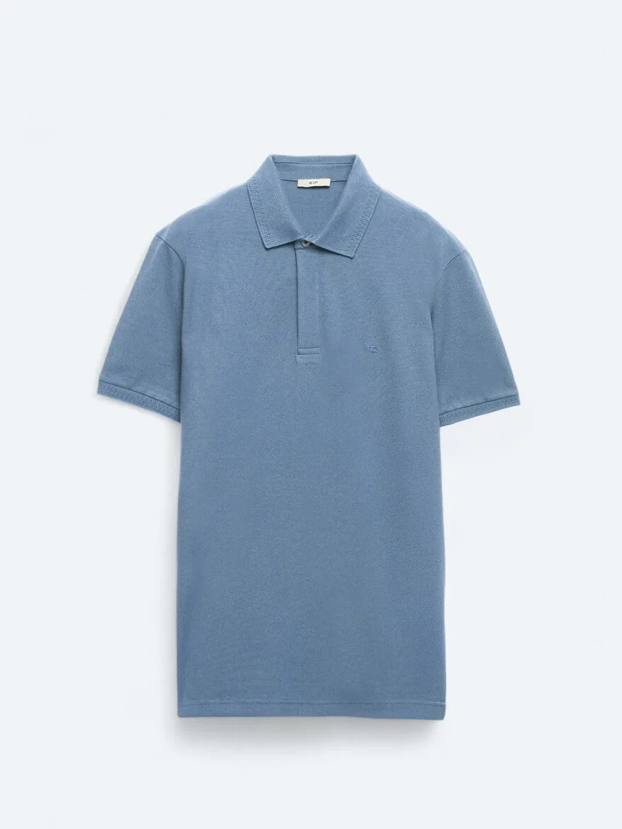 Havacı Mavi Düz Polo Yaka %100 Pamuk T-Shirt - 5