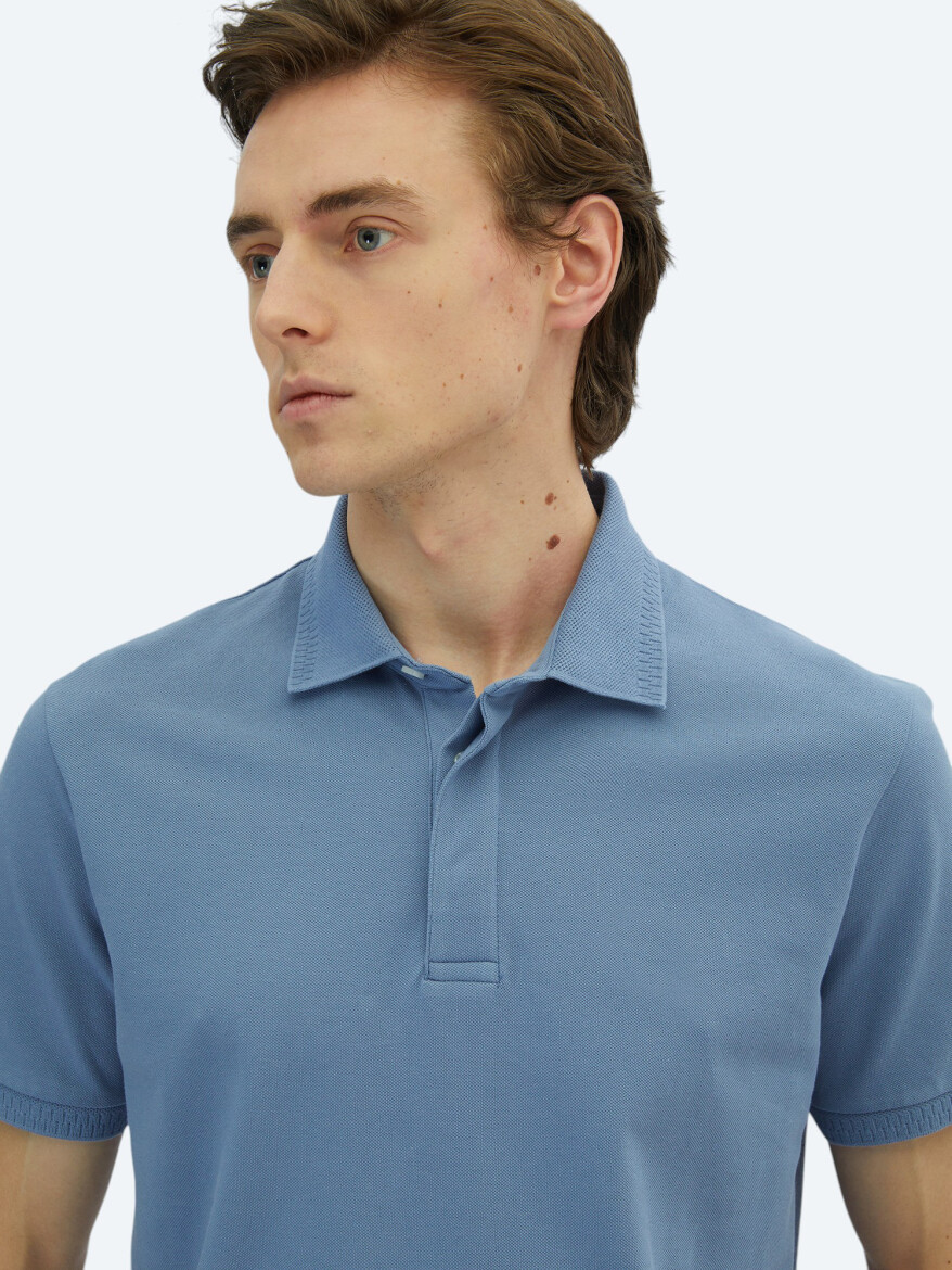 Havacı Mavi Düz Polo Yaka %100 Pamuk T-Shirt - 3