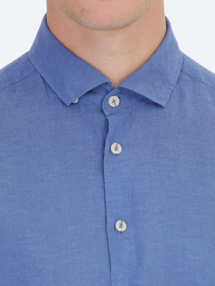 Havacı Mavi Düz Regular Fit Dokuma Casual Pamuk Karışımlı Gömlek - 4