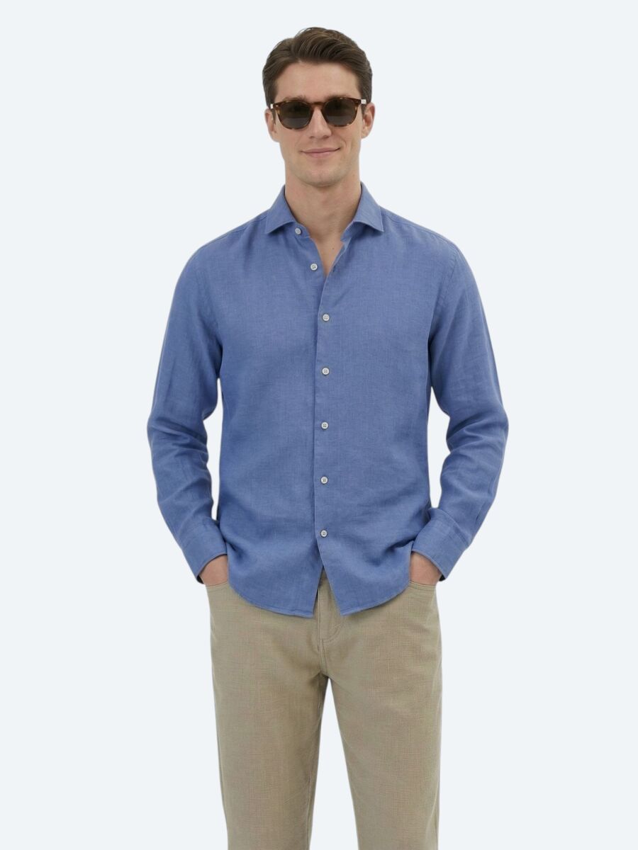 Havacı Mavi Düz Regular Fit Uzun Dokuma Casual Pamuk Karışımlı Gömlek - 1