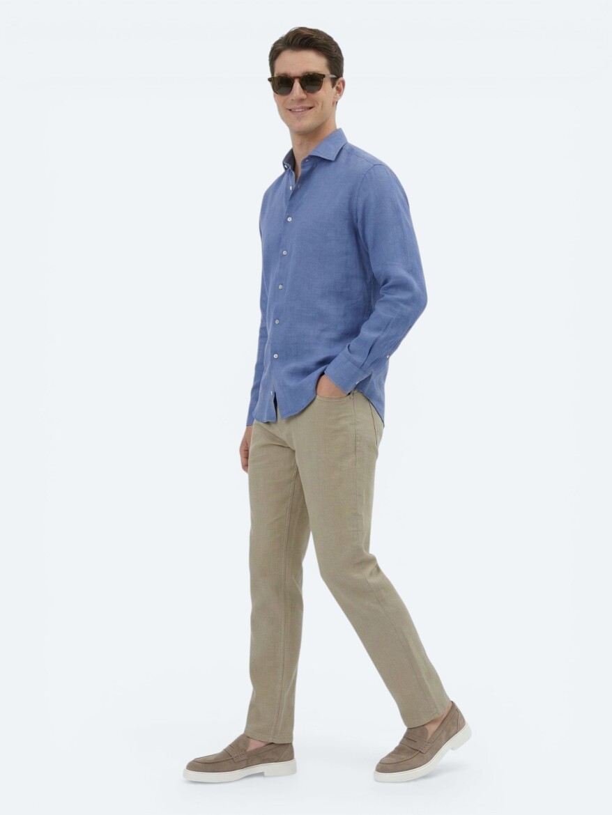 Havacı Mavi Düz Regular Fit Uzun Dokuma Casual Pamuk Karışımlı Gömlek - 3