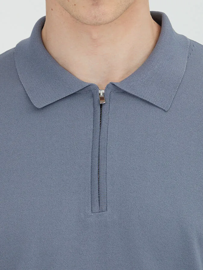 Havacı Mavi Polo Yaka Düz Örgü Triko Kazak - 4