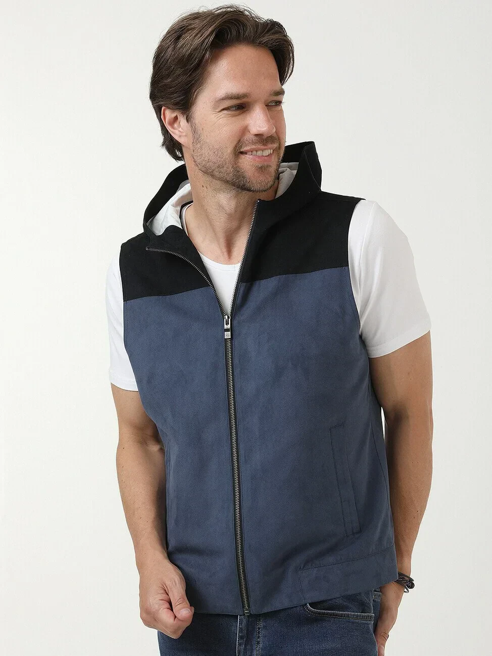 Havacı Mavi Regular Fit Dik Yaka Casual Dokuma Spor Yelek - 1