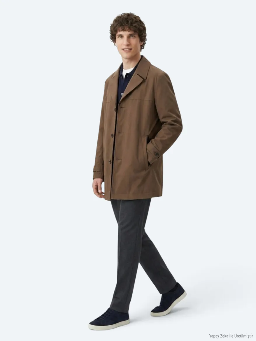 Hazelnut Regular Fit Double Breasted Collar Casual Weaving Rain Coat - 5