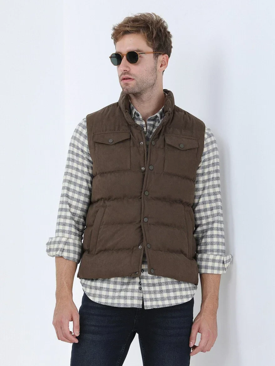 Hazelnut Regular Fit Turtleneck Casual Weaving Puffer Vest - 1