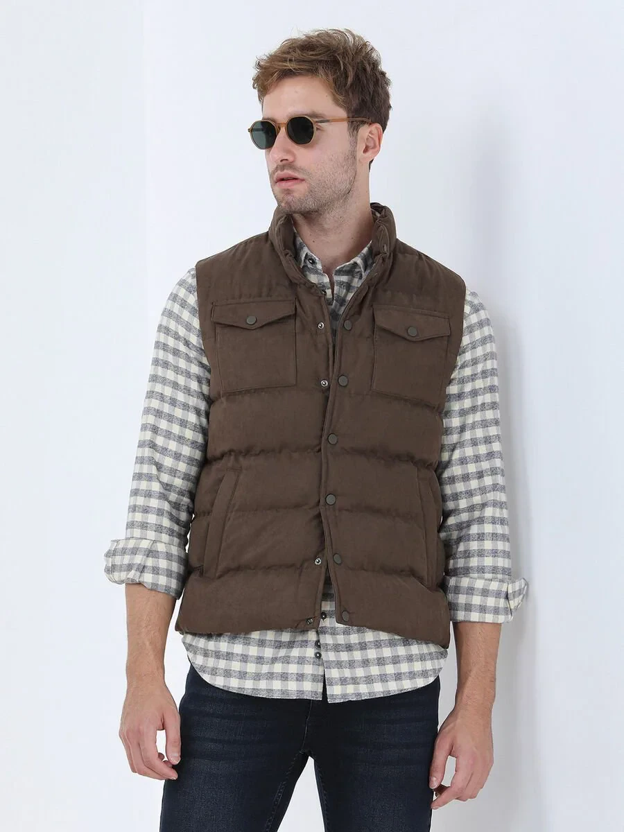 Hazelnut Regular Fit Turtleneck Casual Weaving Puffer Vest - 1