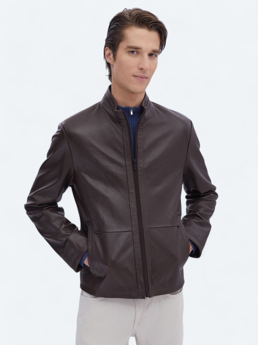 Hazelnut Regular Fit Turtleneck Smart Casual Sheep Leather Leather Coat - 1