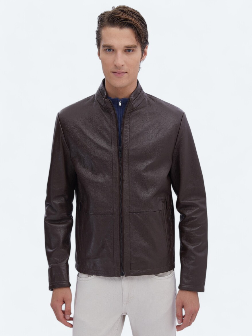 Hazelnut Regular Fit Turtleneck Smart Casual Sheep Leather Leather Coat - 3