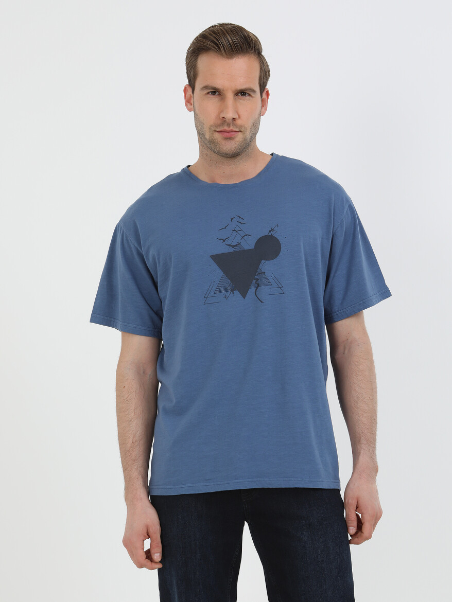 İndigo Baskılı Bisiklet Yaka %100 Pamuk T-Shirt - 1