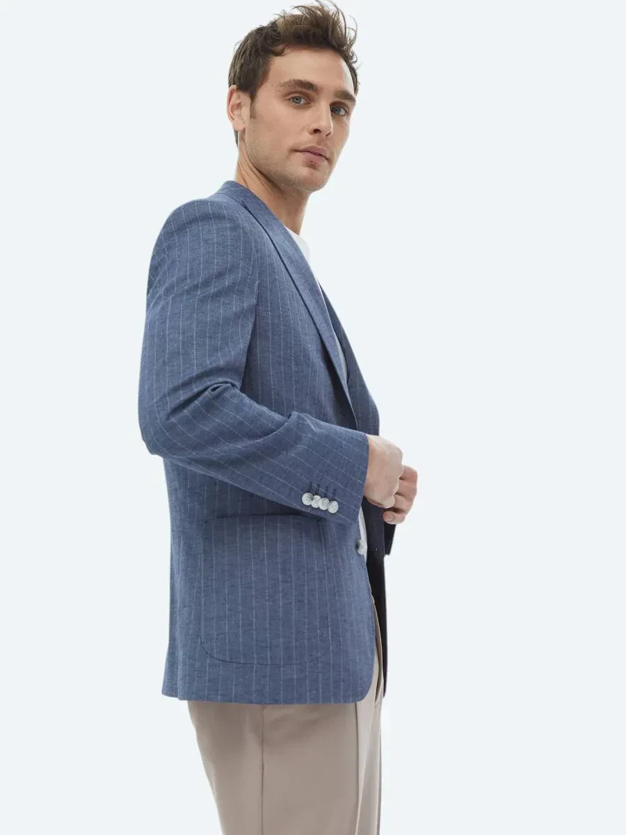 İndigo Çizgili Fitted Fit Keten Karışımlı Ceket - 5