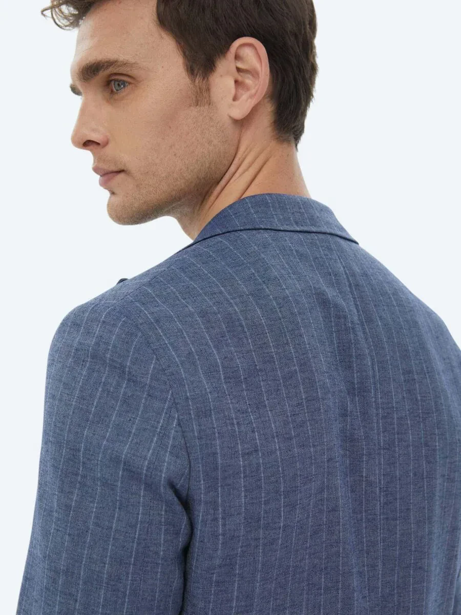 İndigo Çizgili Fitted Fit Keten Karışımlı Ceket - 7