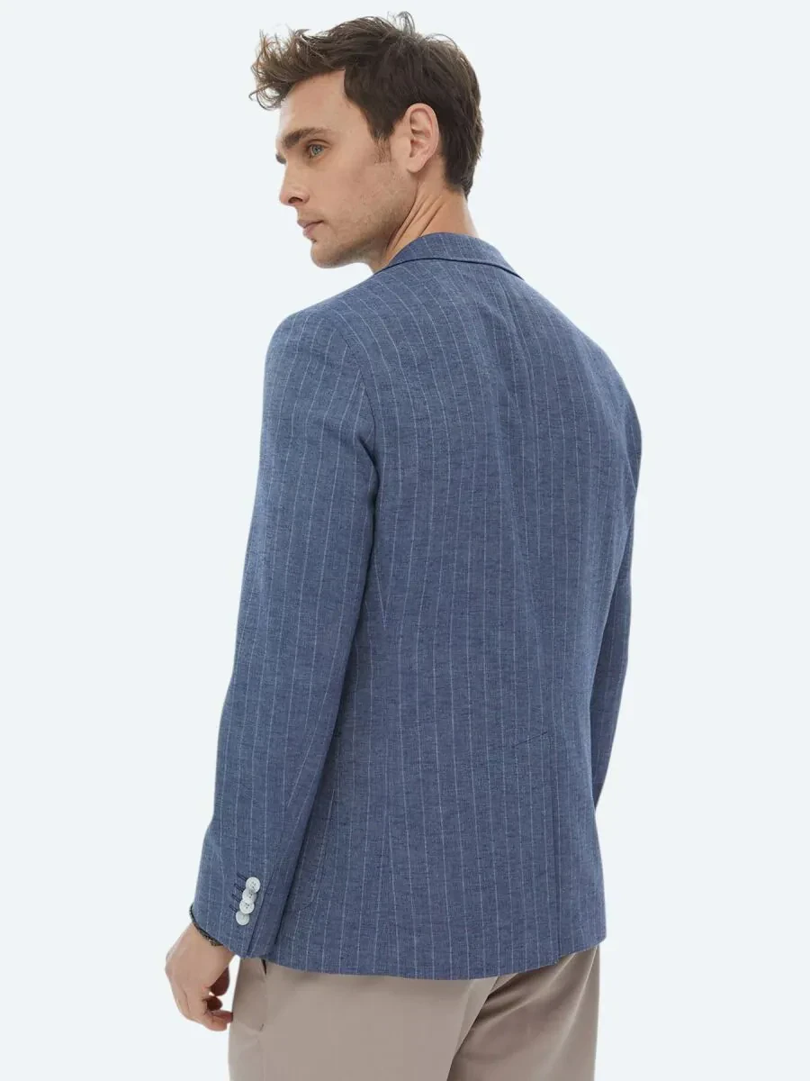 İndigo Çizgili Fitted Fit Keten Karışımlı Ceket - 8