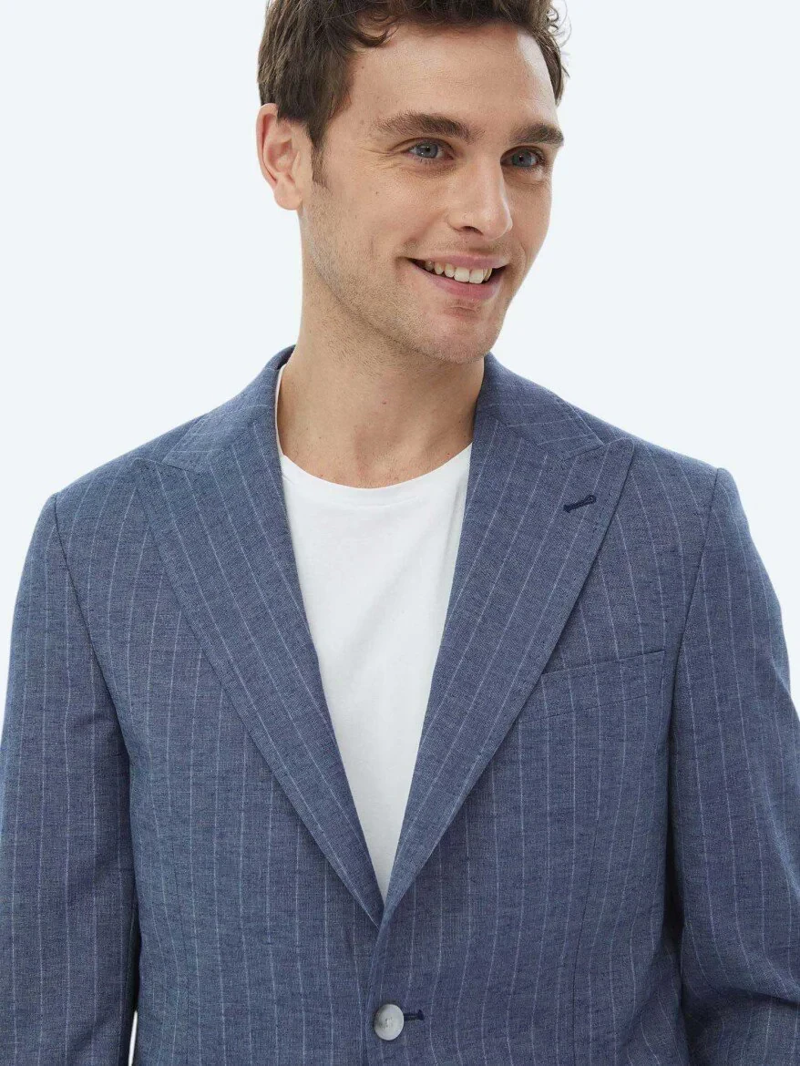 İndigo Çizgili Modern Fit Keten Karışımlı Ceket - 2