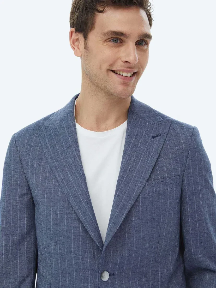 İndigo Çizgili Modern Fit Keten Karışımlı Ceket - 2