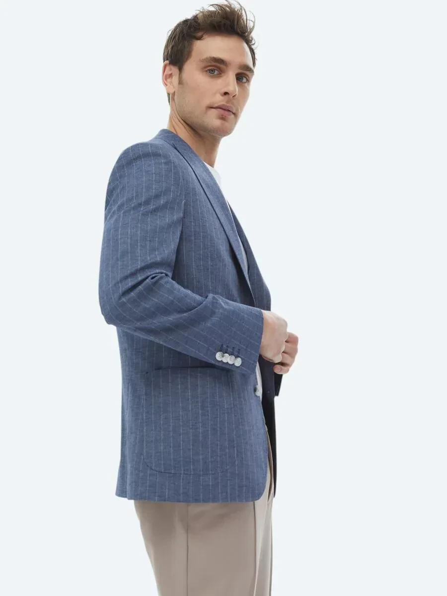 İndigo Çizgili Modern Fit Keten Karışımlı Ceket - 5