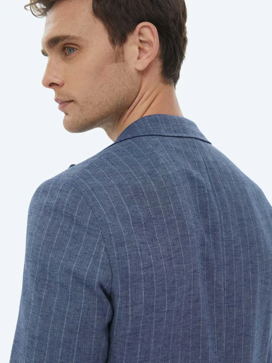 İndigo Çizgili Modern Fit Keten Karışımlı Ceket - 7