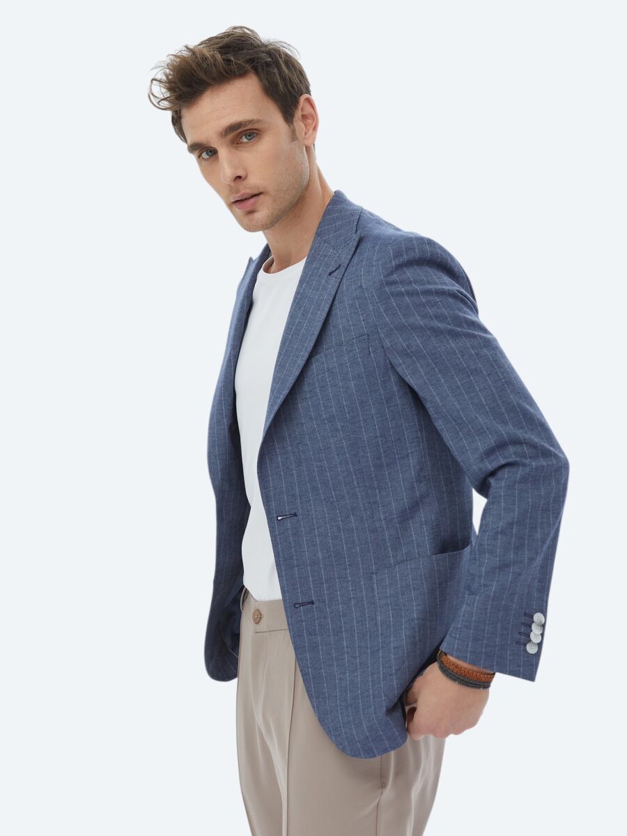 İndigo Çizgili Modern Fit Keten Karışımlı Ceket - 6