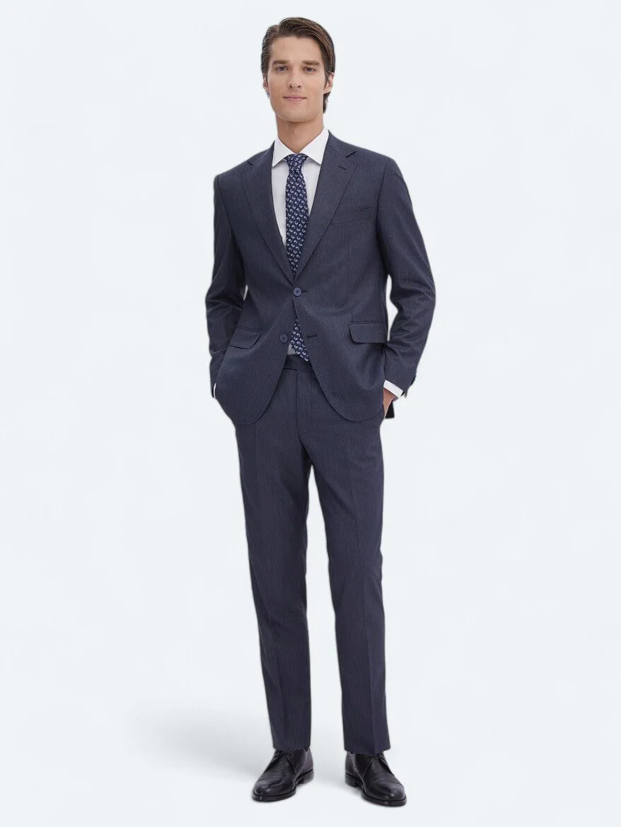 İndigo Çizgili Modern Fit Takım Elbise - 2