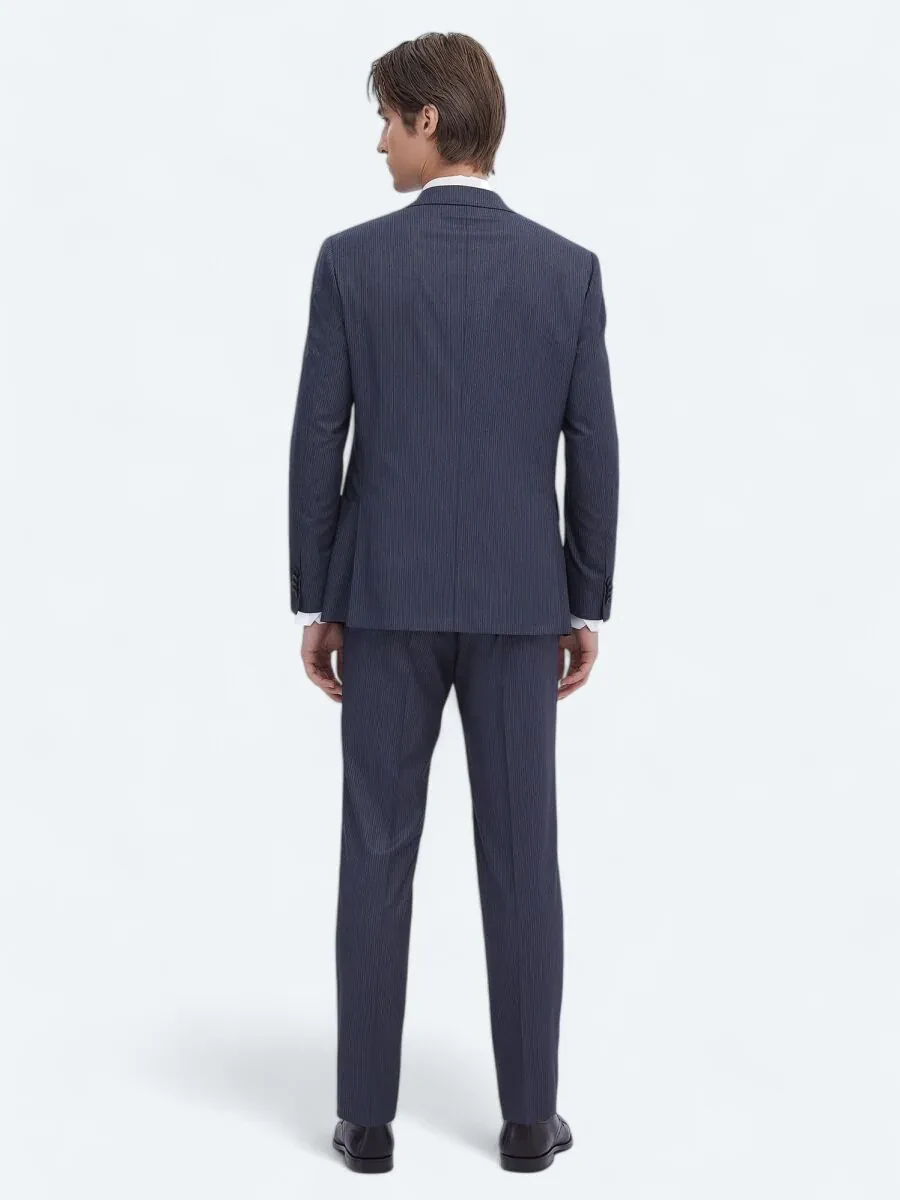 İndigo Çizgili Modern Fit Takım Elbise - 5