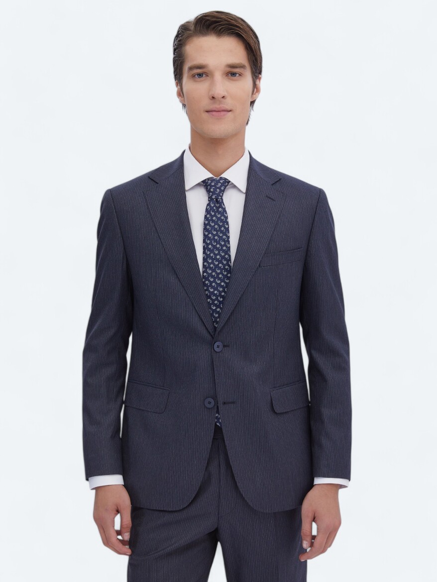 İndigo Çizgili Modern Fit Takım Elbise - 1