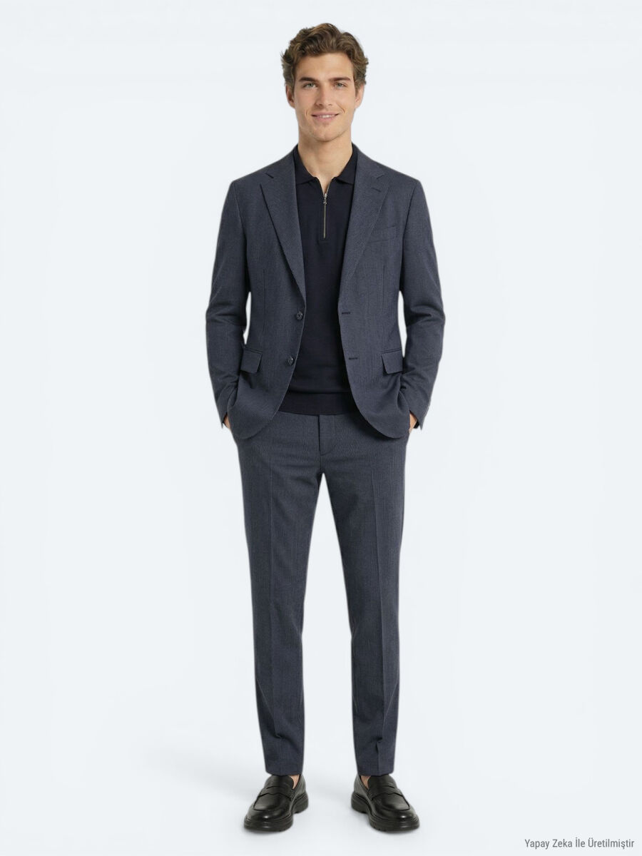 İndigo Desenli Modern Fit Takım Elbise - 1