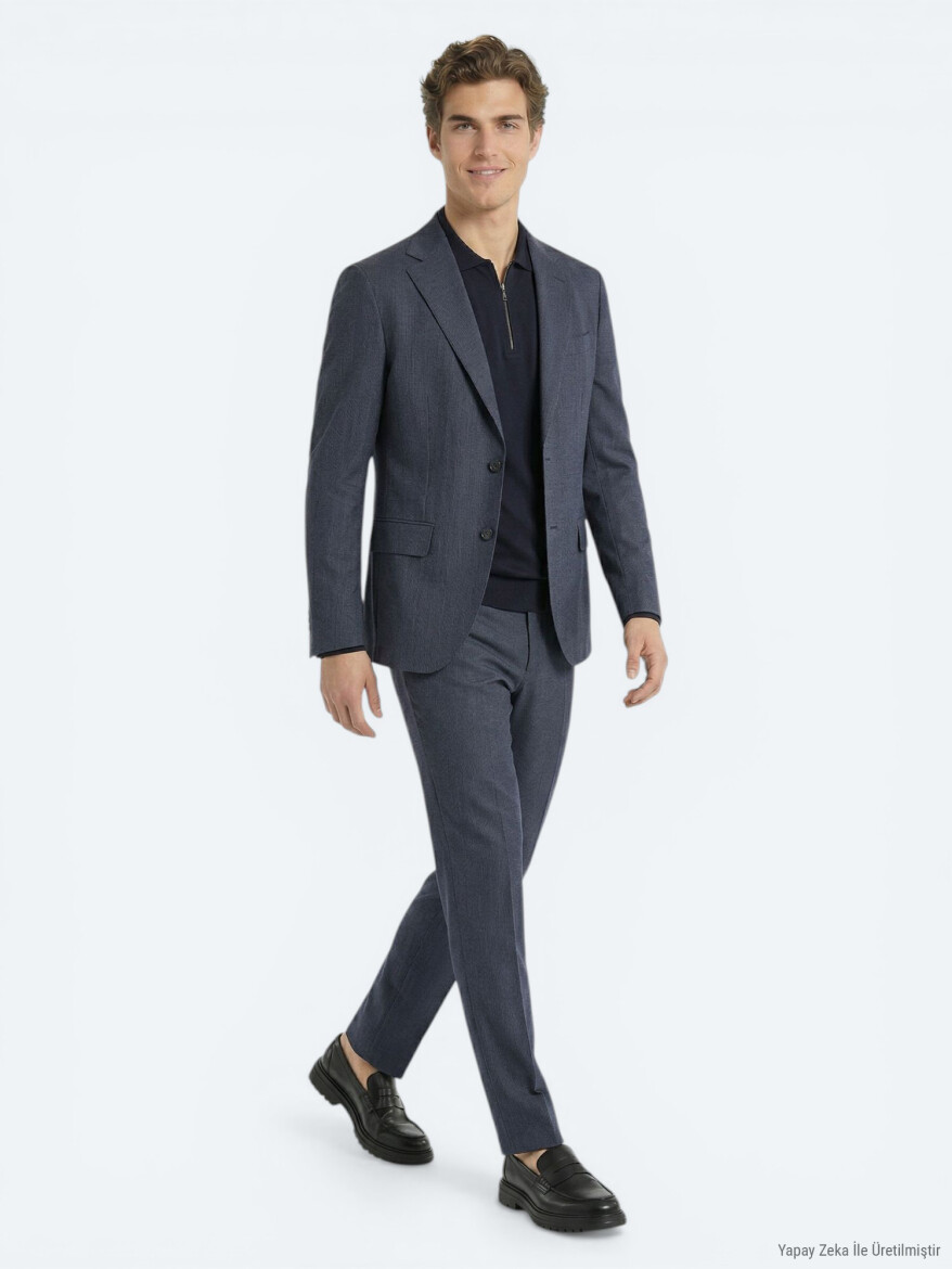İndigo Desenli Modern Fit Takım Elbise - 3